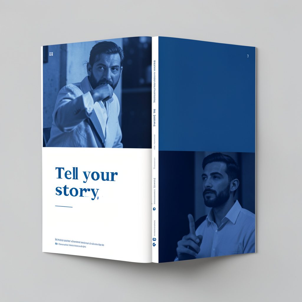 Duotone photograph in muted slate and warm beige showing an open tri-fold brochure on a flat surface, editorial and refined mood.